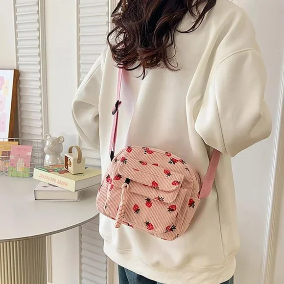 Pink Corduroy Strawberry Tote Bag for Women, Compact Size, Multi-Use, Gift-Ready - Picture 3 of 6